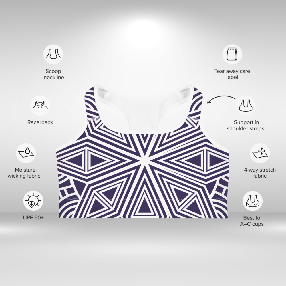 Women Sports Bra - Purple and White Geometric Print