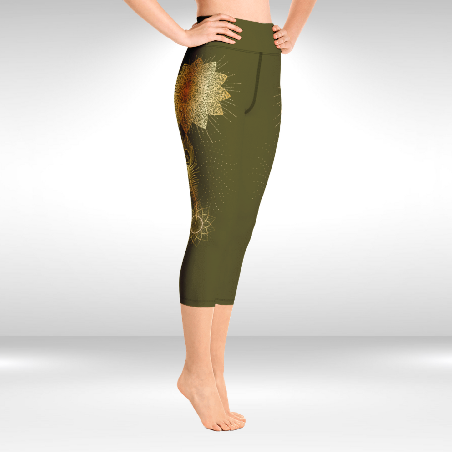 Women Yoga Capri Legging - Henna and Gold Peacock Feather Print