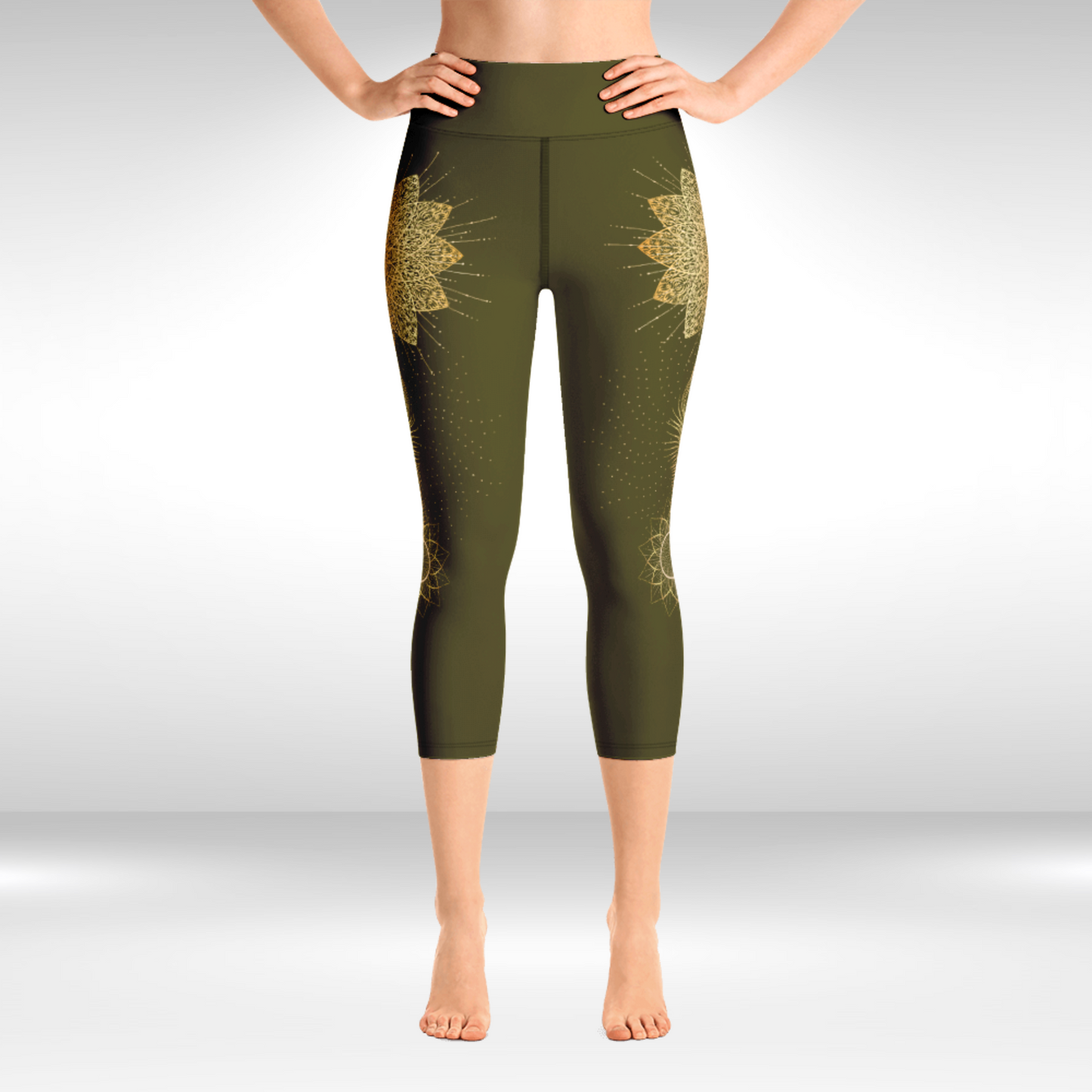 Women Yoga Capri Legging - Henna and Gold Peacock Feather Print