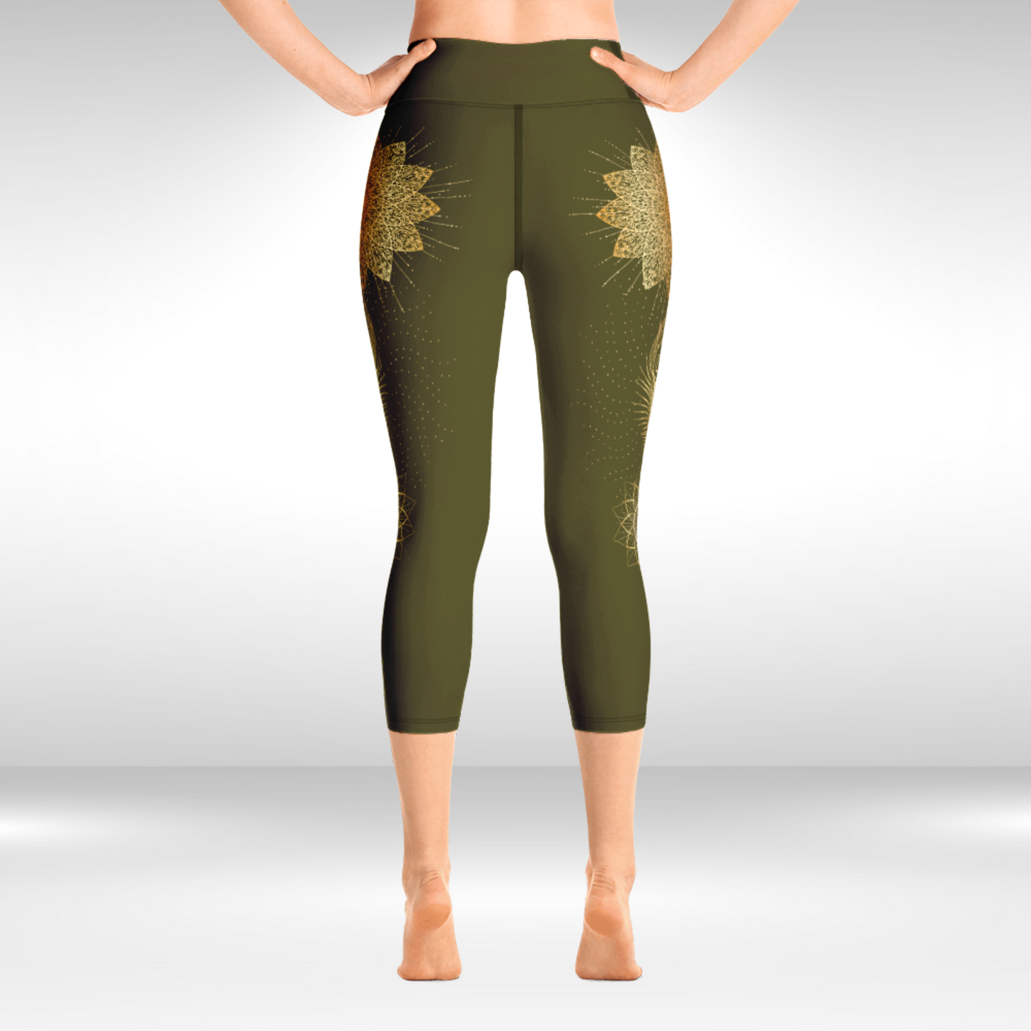 Women Yoga Capri Legging - Henna and Gold Peacock Feather Print