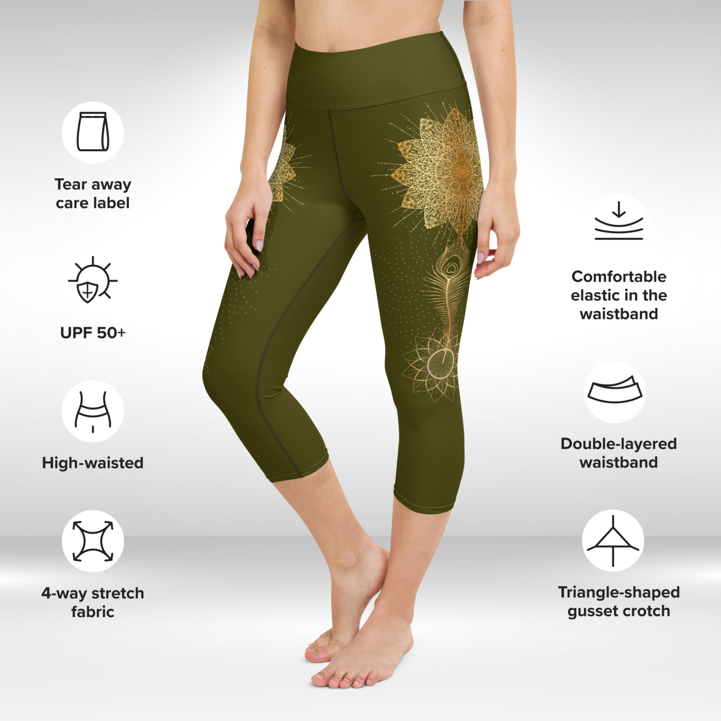 Women Yoga Capri Legging - Henna and Gold Peacock Feather Print