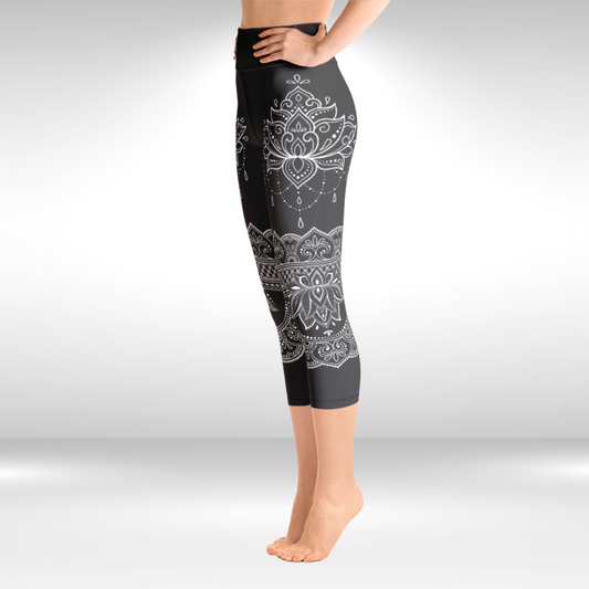 Women Capri Legging - Grey and White Lotus Print