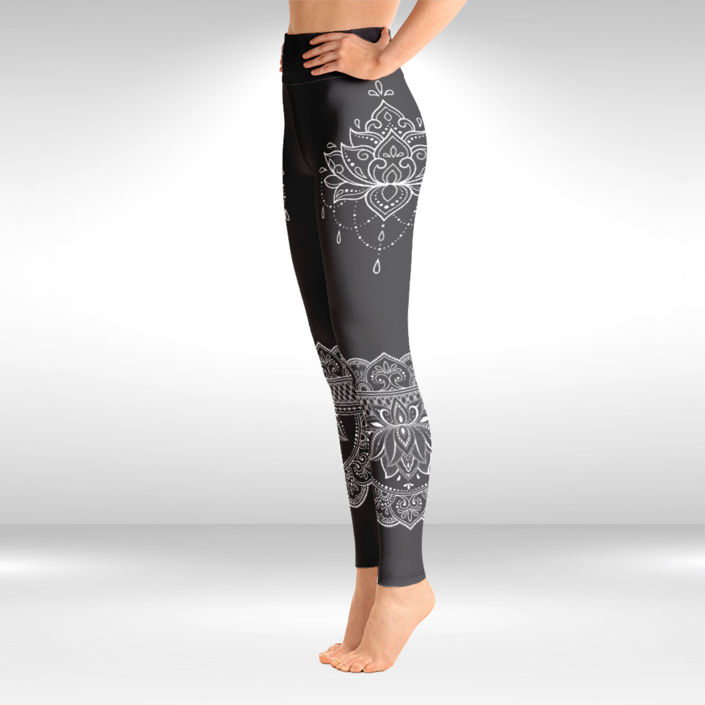 Women Capri Legging - Grey and White Lotus Print