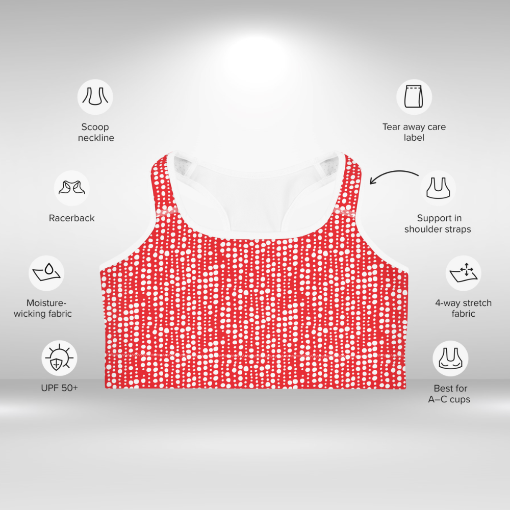 Women Sports Bra - Red and White Polka Dot Print