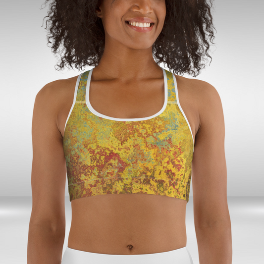 Women Sports Bra - Rustic Gold Abstract Print