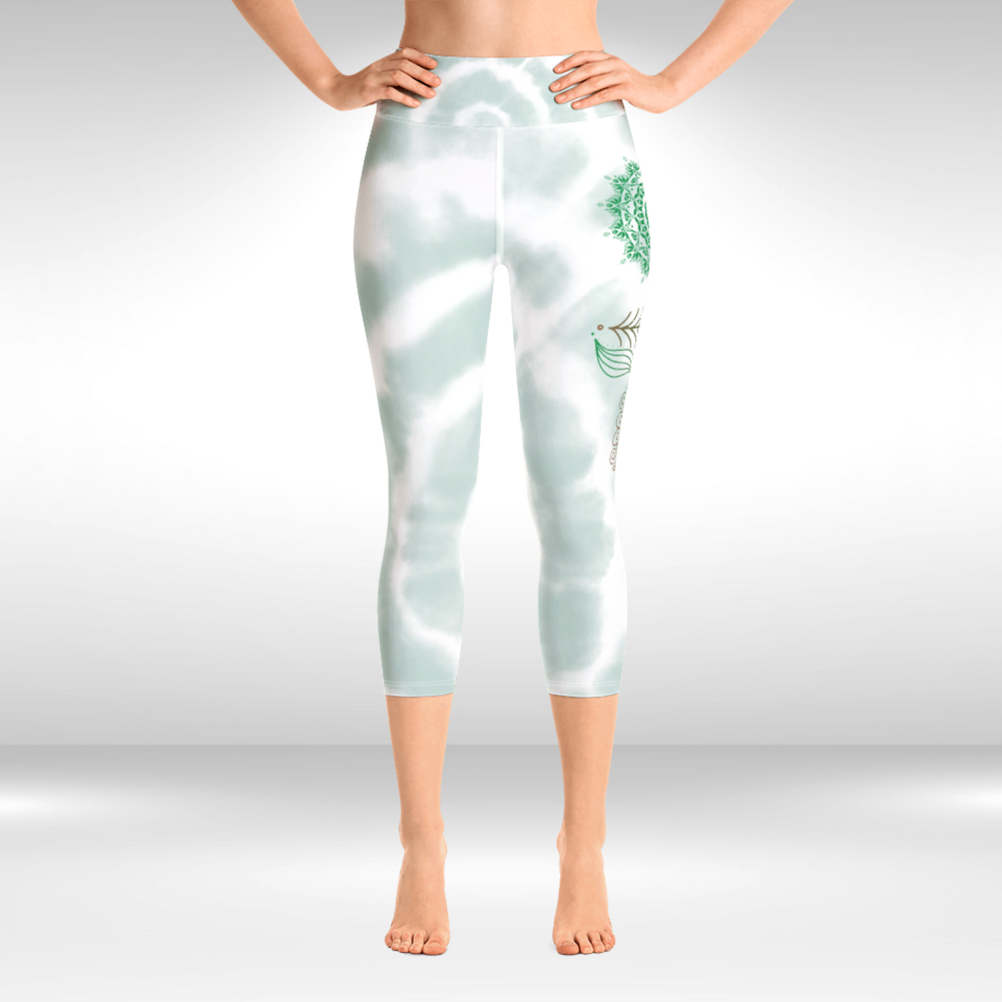 Women Capri Legging - Green Tie Dye Mandala Print