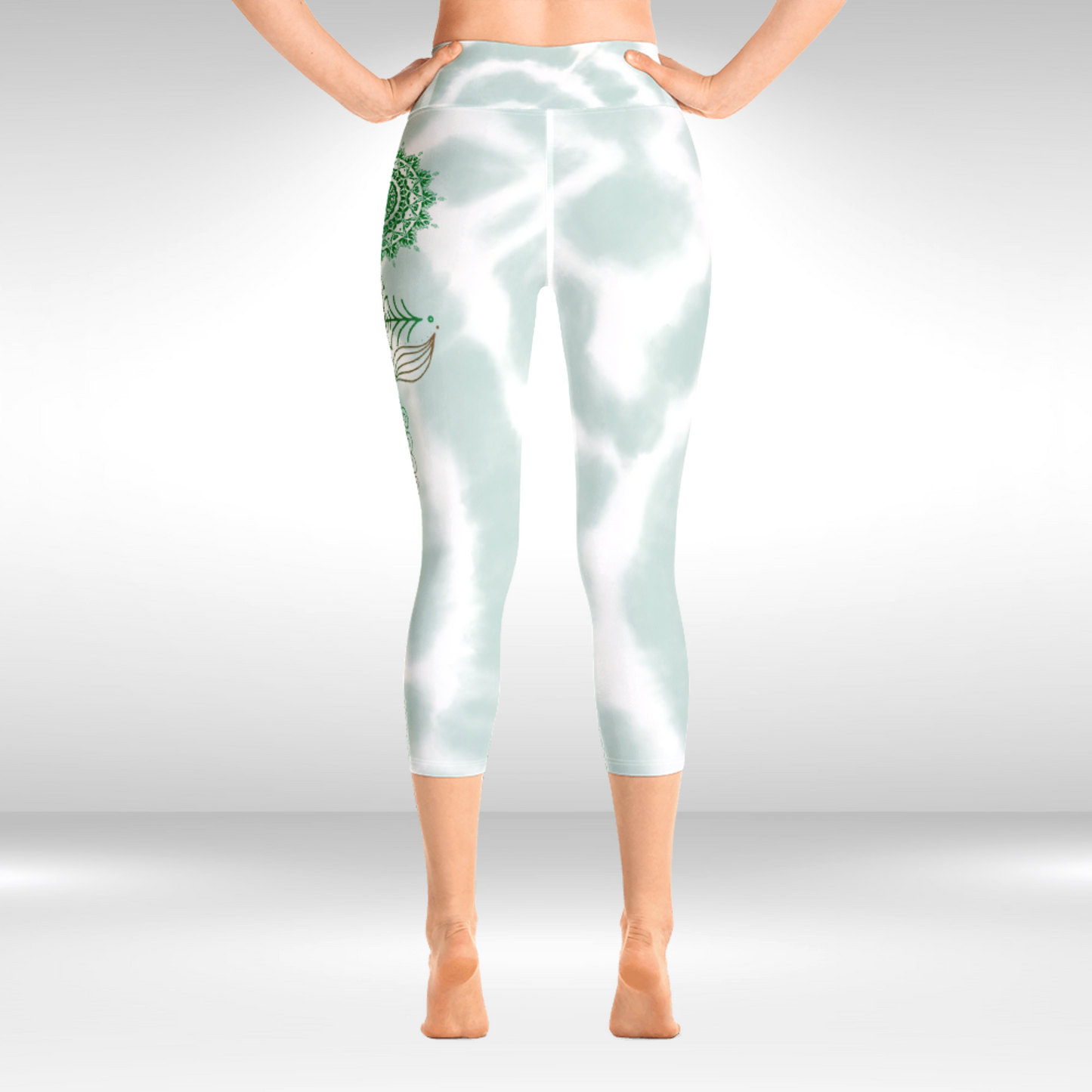 Women Capri Legging - Green Tie Dye Mandala Print