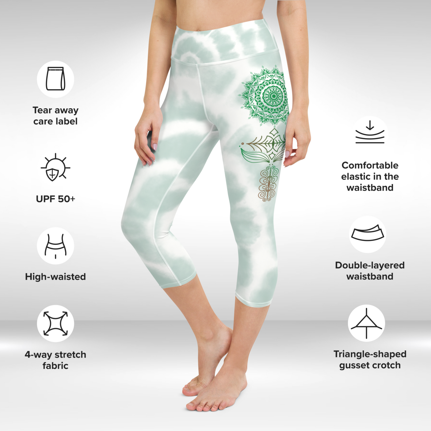 Women Capri Legging - Green Tie Dye Mandala Print