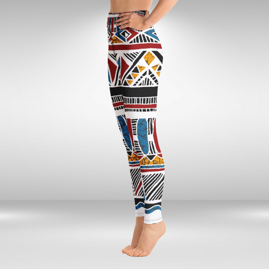 Women Yoga Legging - Red Blue Festive Tribal Print
