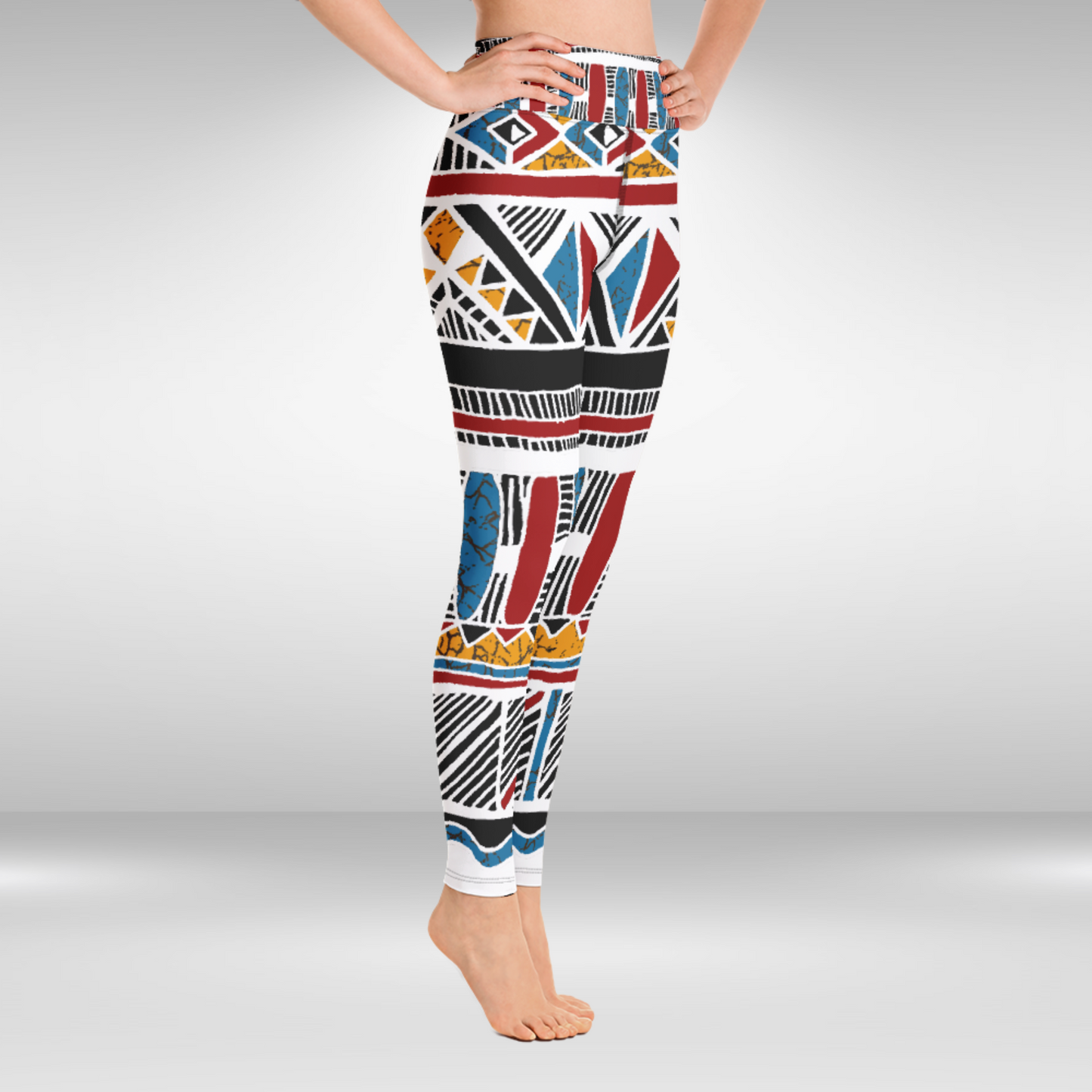 Women Yoga Legging - Red Blue Festive Tribal Print
