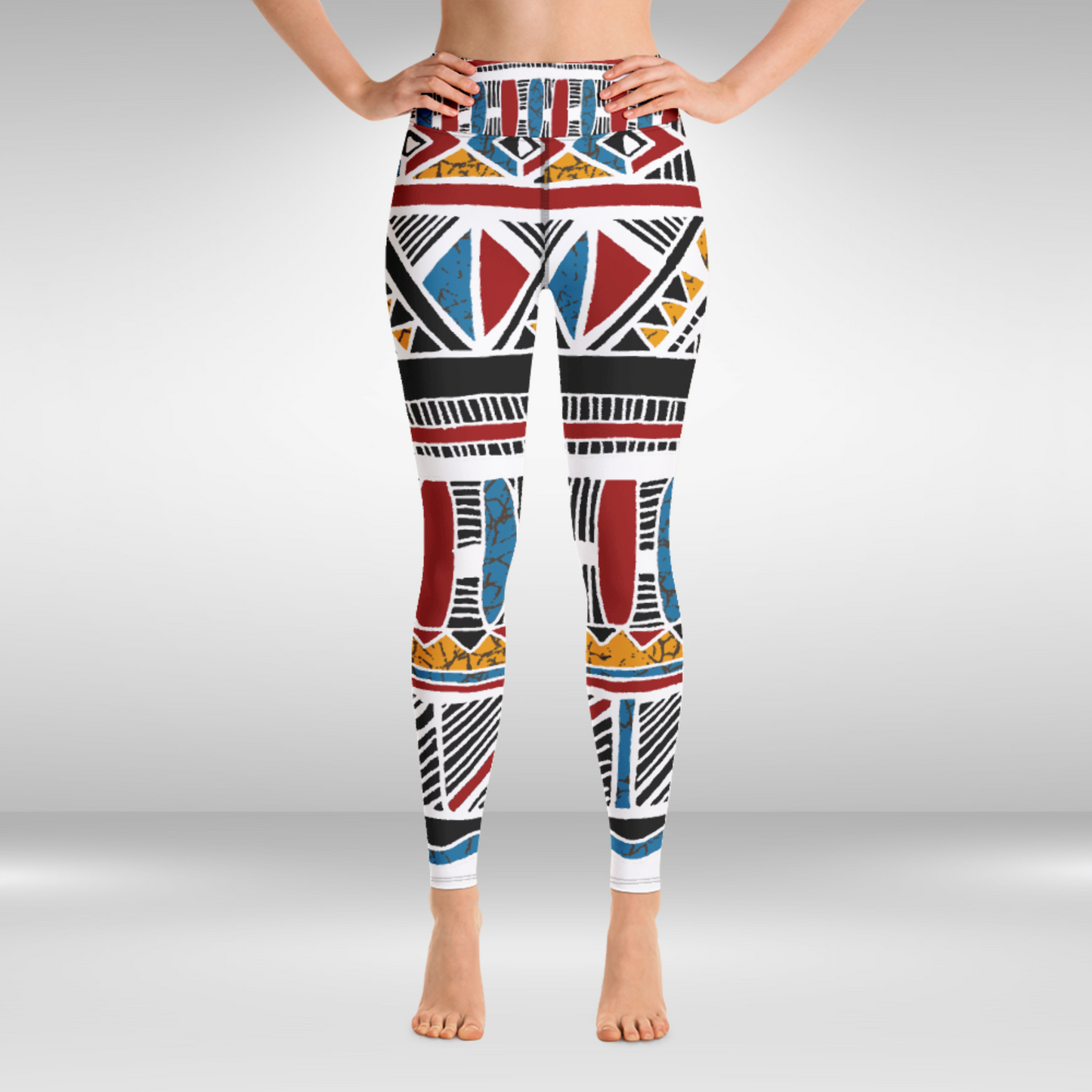 Women Yoga Legging - Red Blue Festive Tribal Print