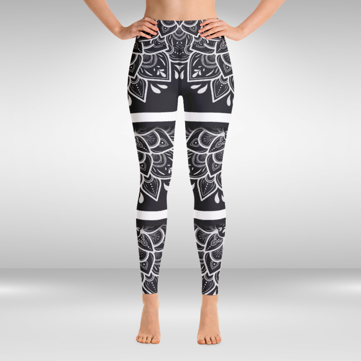 Women Yoga Legging - White Floral Mandala Print