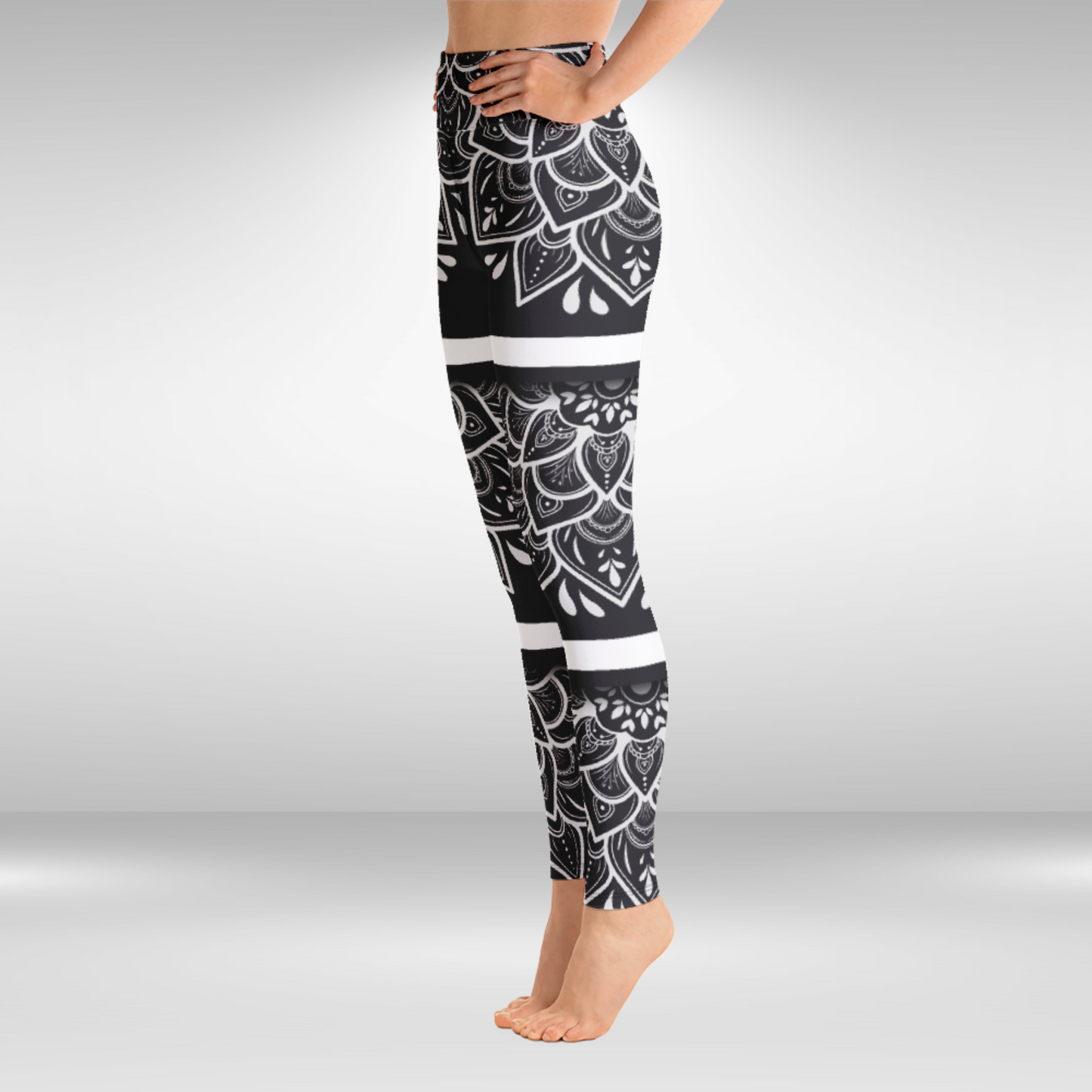 Women Yoga Legging - White Floral Mandala Print