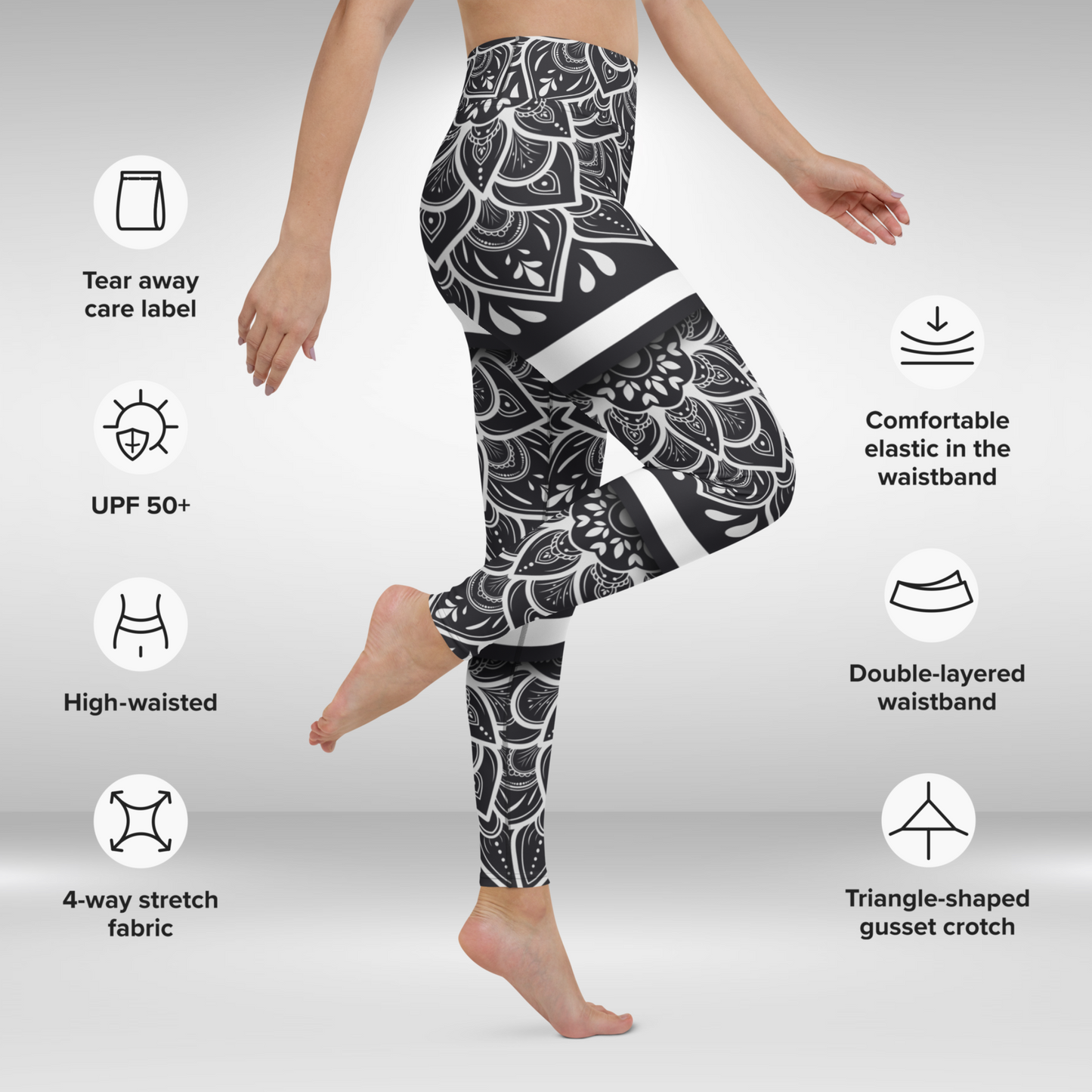 Women Yoga Legging - White Floral Mandala Print