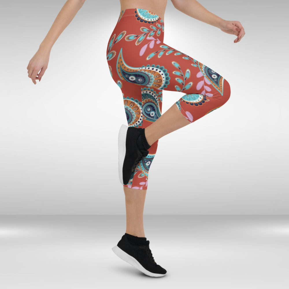 Women Gym Capri Legging - Red Paisley Print