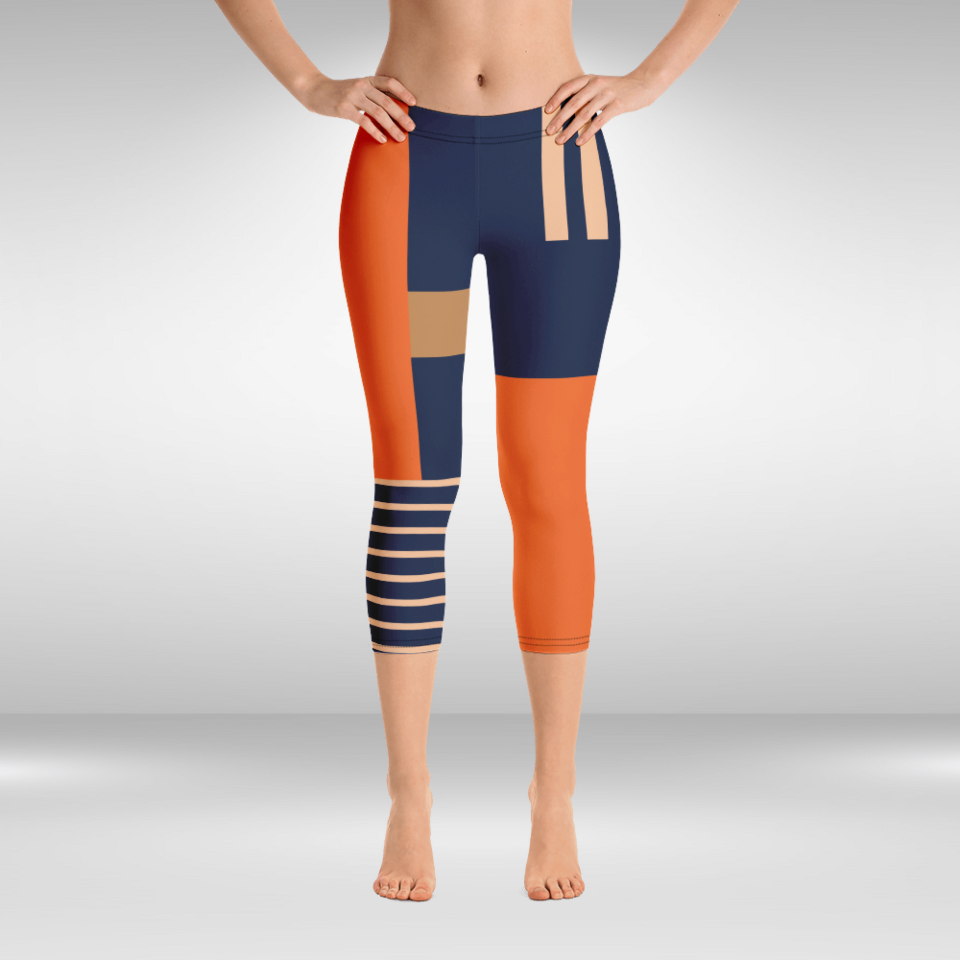 Women Gym Capri Legging - Blue and Orange Abstract Print