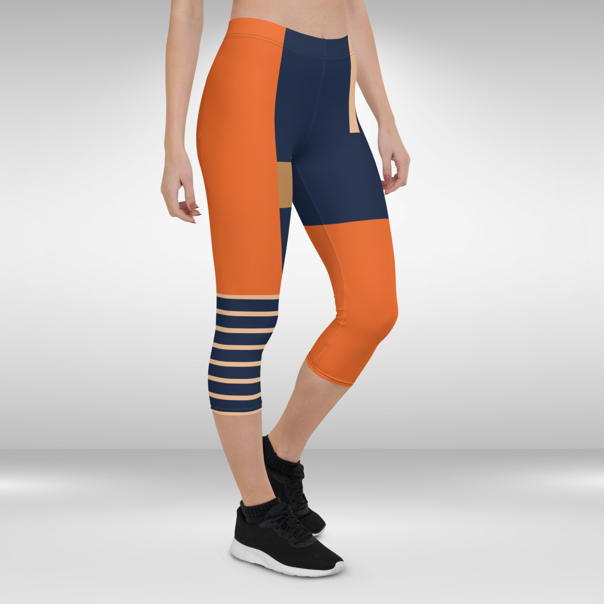 Women Gym Capri Legging - Blue and Orange Abstract Print