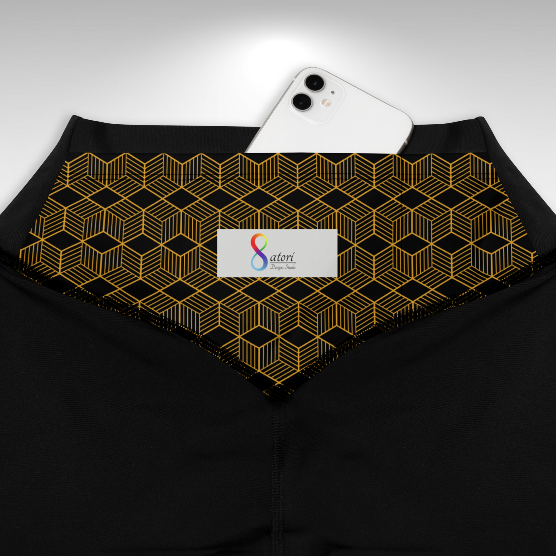 Women Compression Leggings - Black and Gold Geometric Print