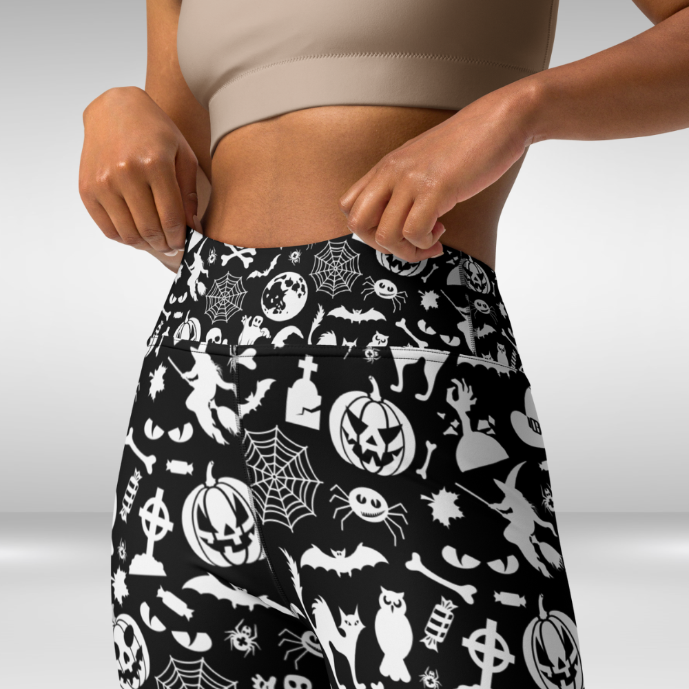 Women Yoga Legging - Black and White Halloween Spooky Print