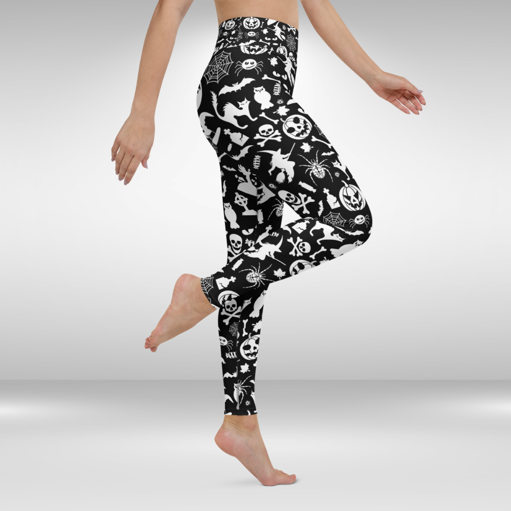 Women Yoga Legging - Black and White Halloween Spooky Print