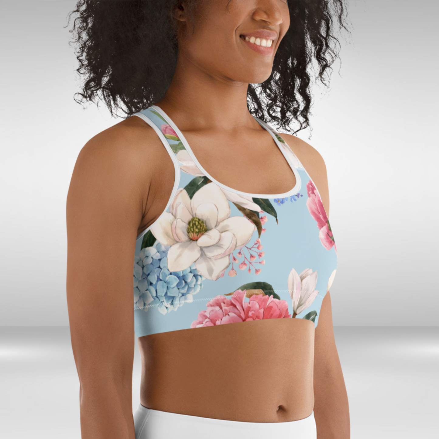 Women Sports Bra - Blue Spring Blossom Print