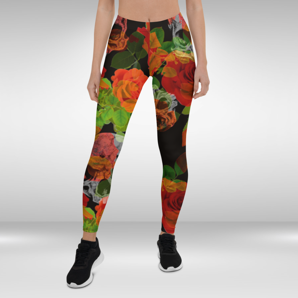 Women Gym Legging - Black and Red Floral Skull Print