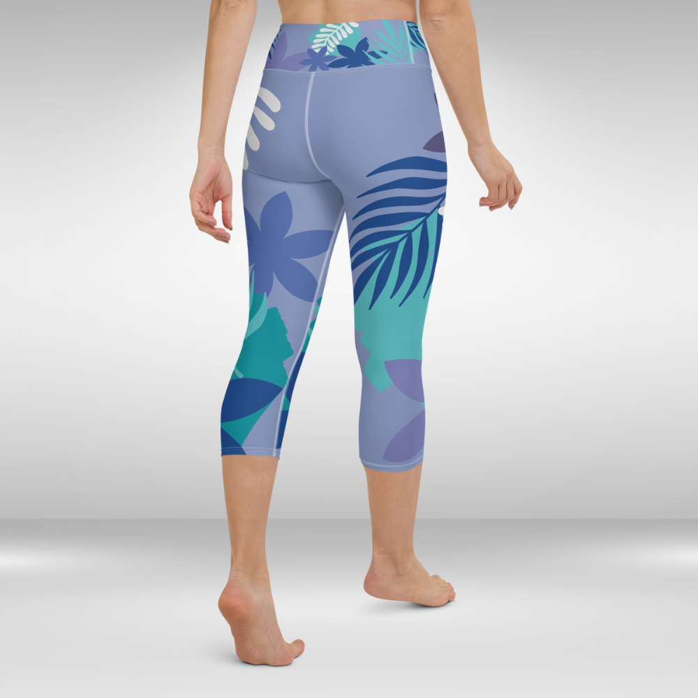 Women Yoga Capri Legging - Blue Floral Palm Print