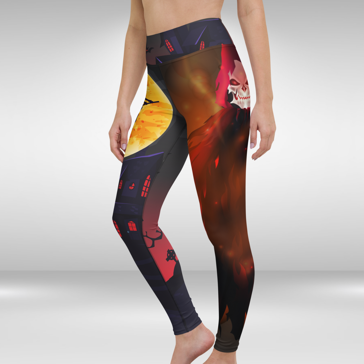 Women Yoga Legging - Halloween Witch Haunted House Print