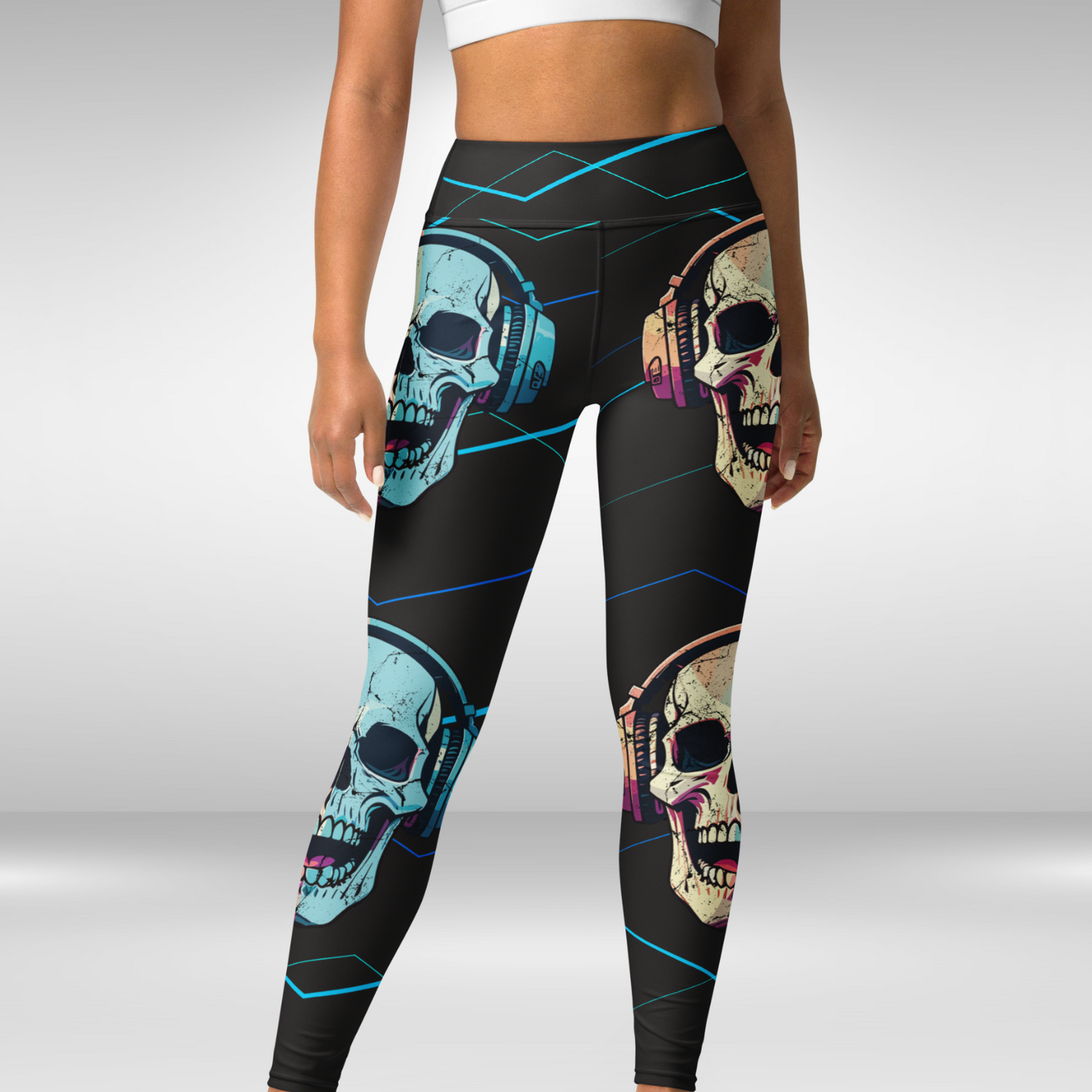 Women Yoga Legging - Blue Headphone Skull Print