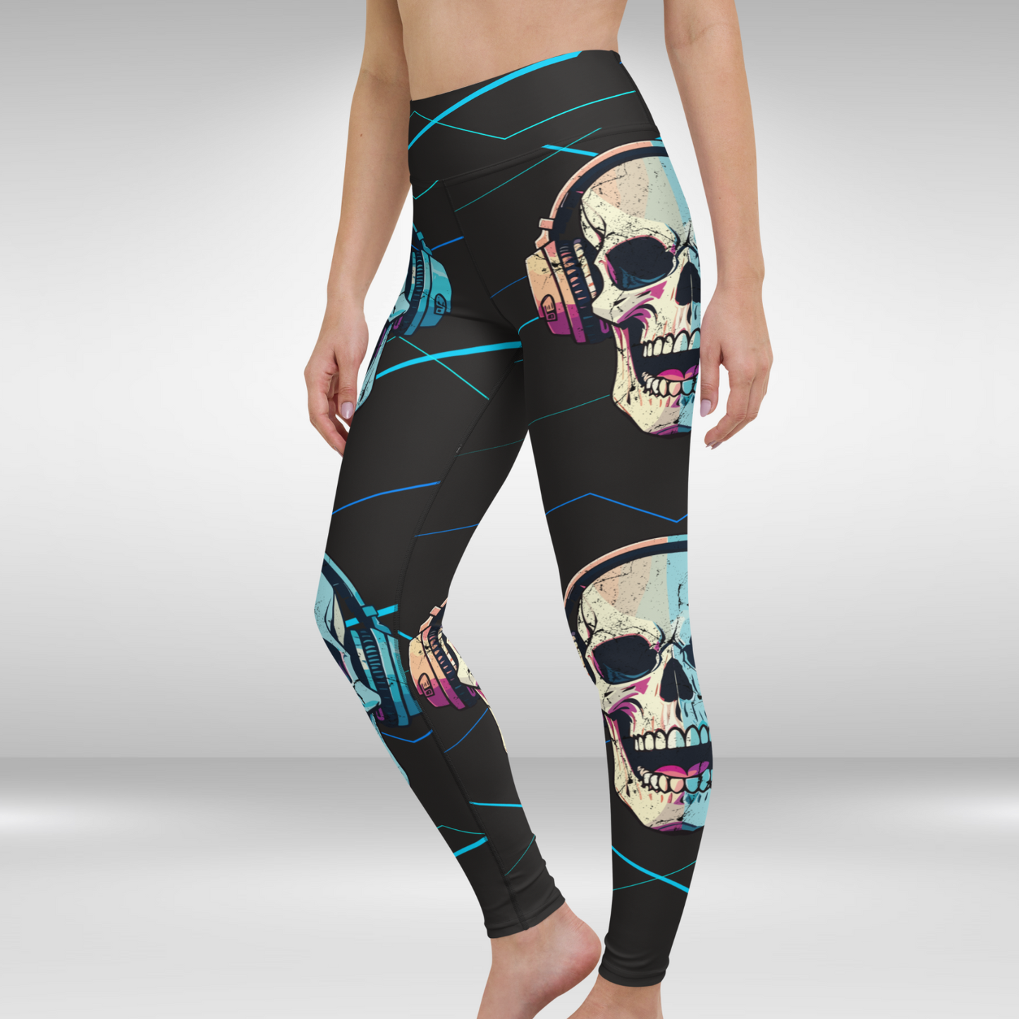 Women Yoga Legging - Blue Headphone Skull Print