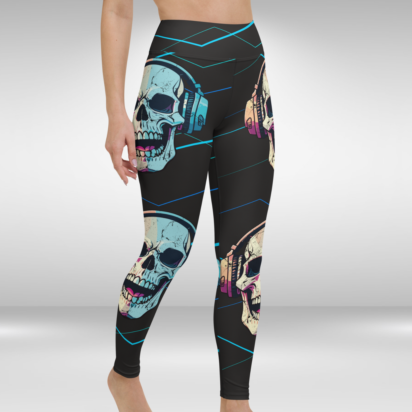 Women Yoga Legging - Blue Headphone Skull Print