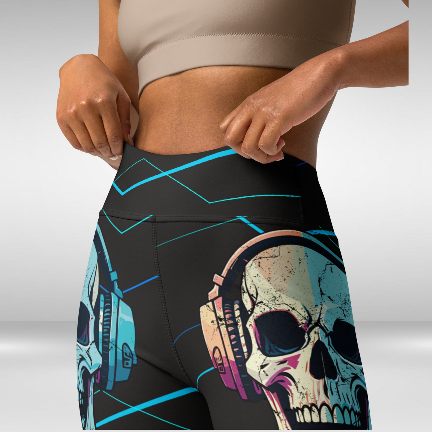 Women Yoga Legging - Blue Headphone Skull Print