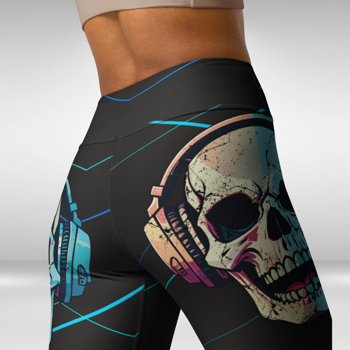 Women Yoga Legging - Blue Headphone Skull Print