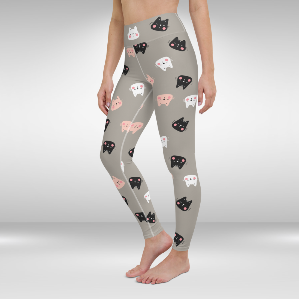 Women Yoga Leggings - Grey Cat Print