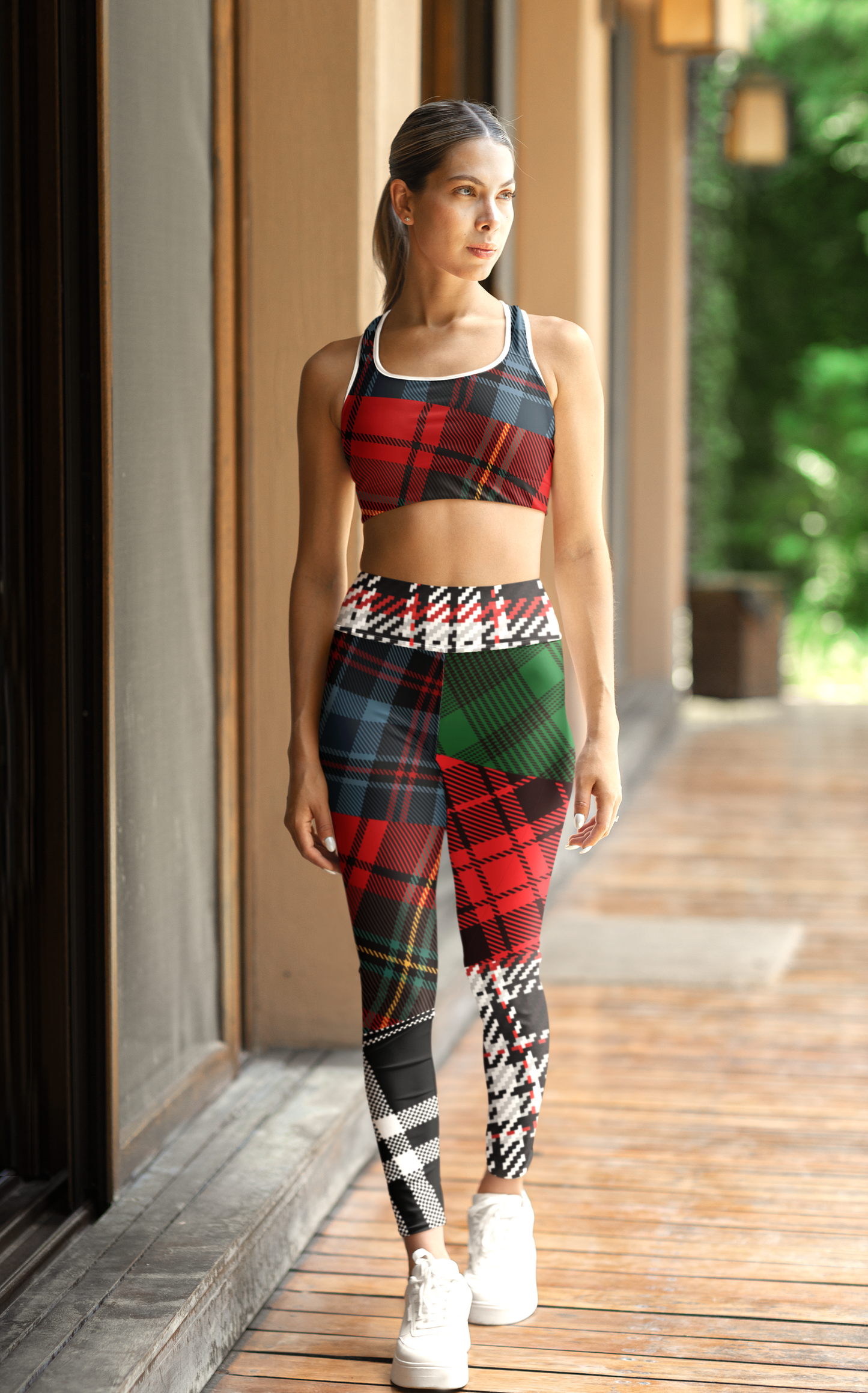 Women Yoga Legging - Green, Blue and Red Checkmate Frenzy Print