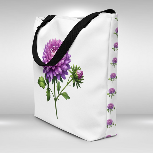 Shopping Tote Bag Large - September Birth Flower Aster Print