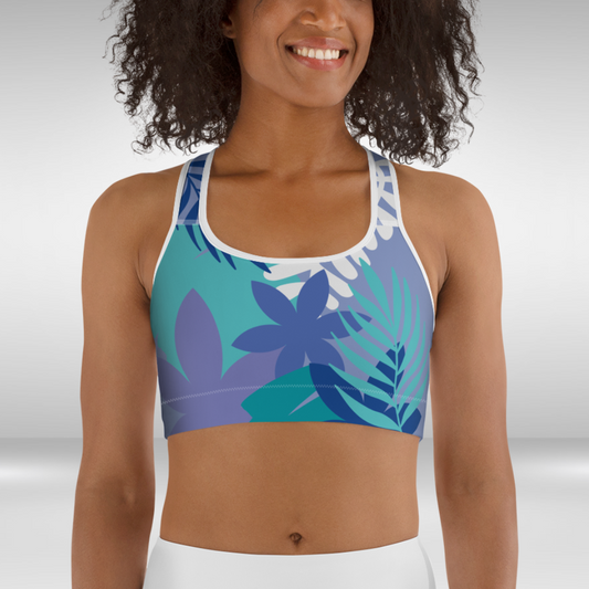 Women Sports Bra - Blue Floral Palm Print