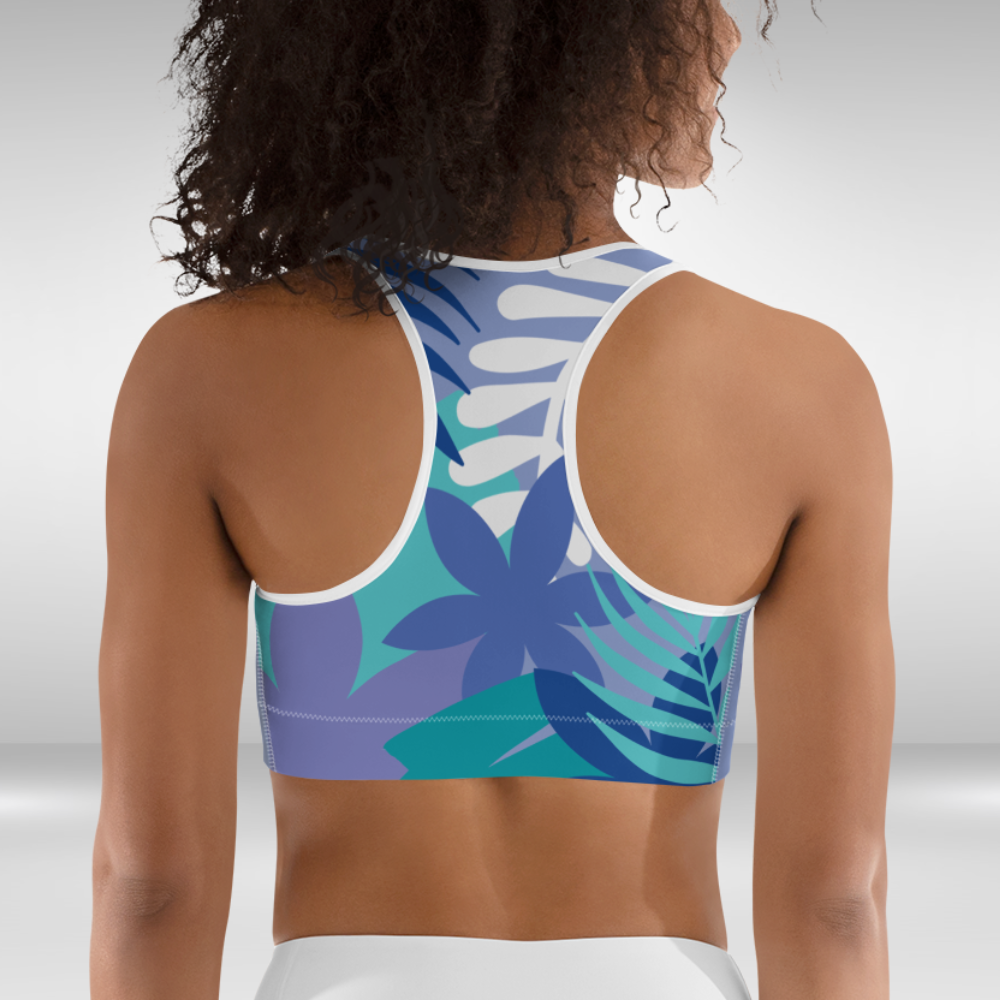 Women Sports Bra - Blue Floral Palm Print