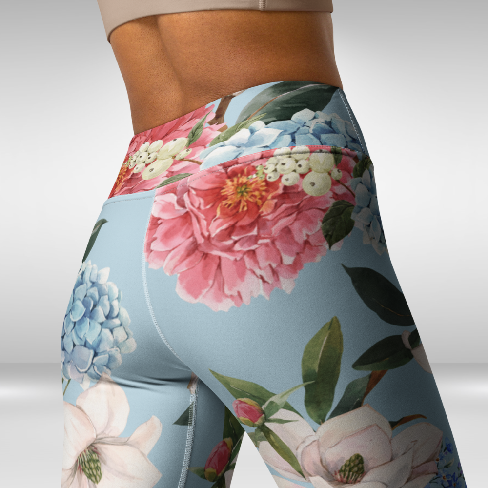 Women Yoga Legging - Blue Spring Blossom Print