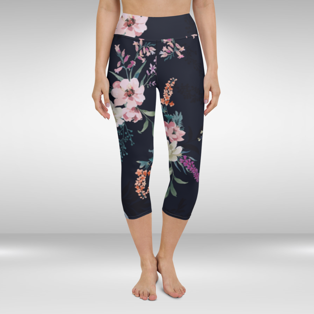 Women Yoga Capri Leggings - Black Spring Blossom