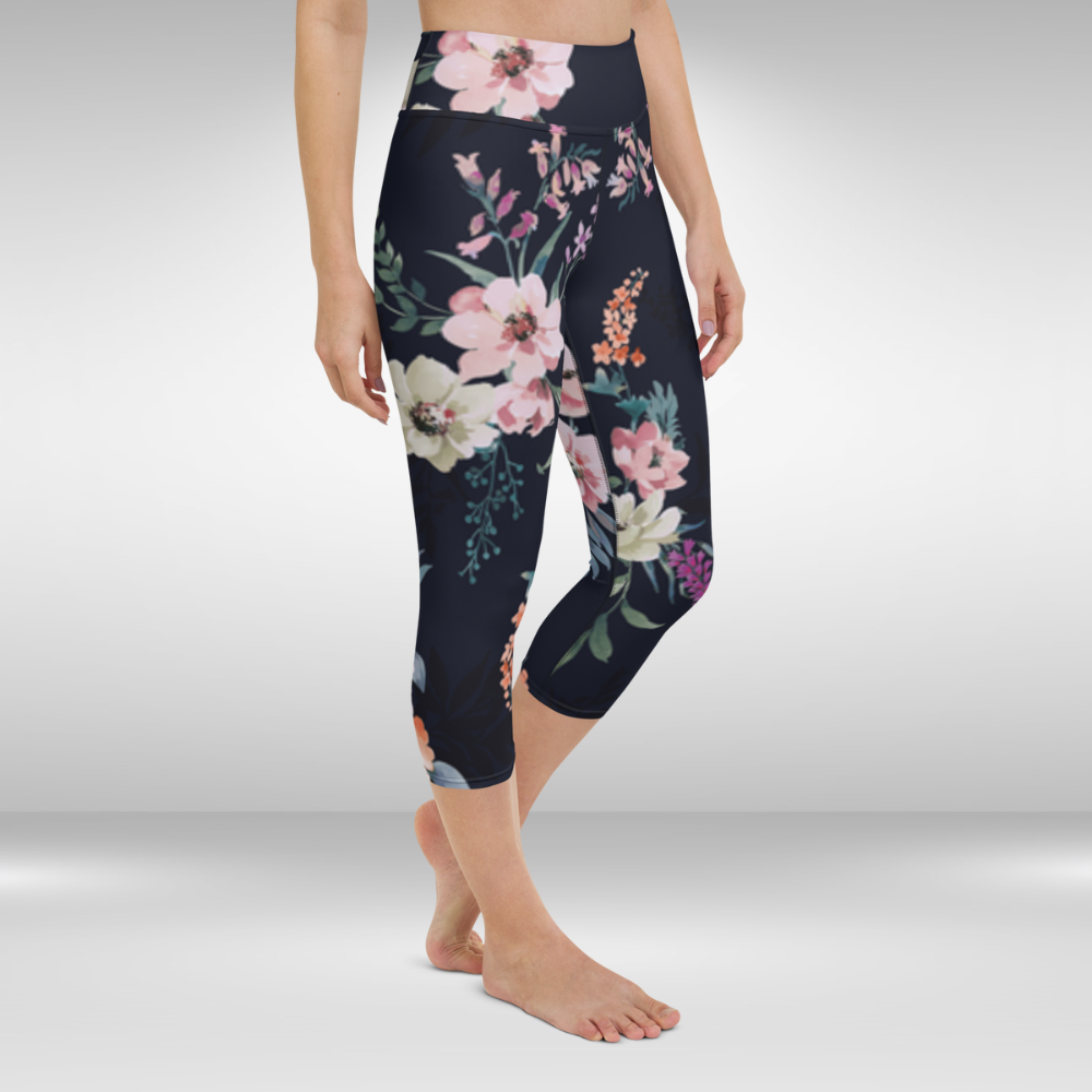 Women Yoga Capri Leggings - Black Spring Blossom