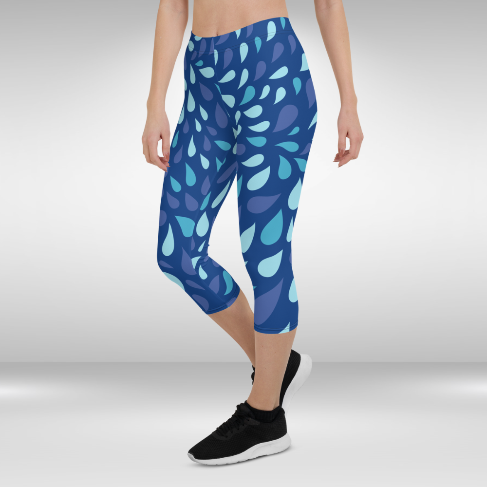 Women Gym Capri Legging - Blue Water Drops Print