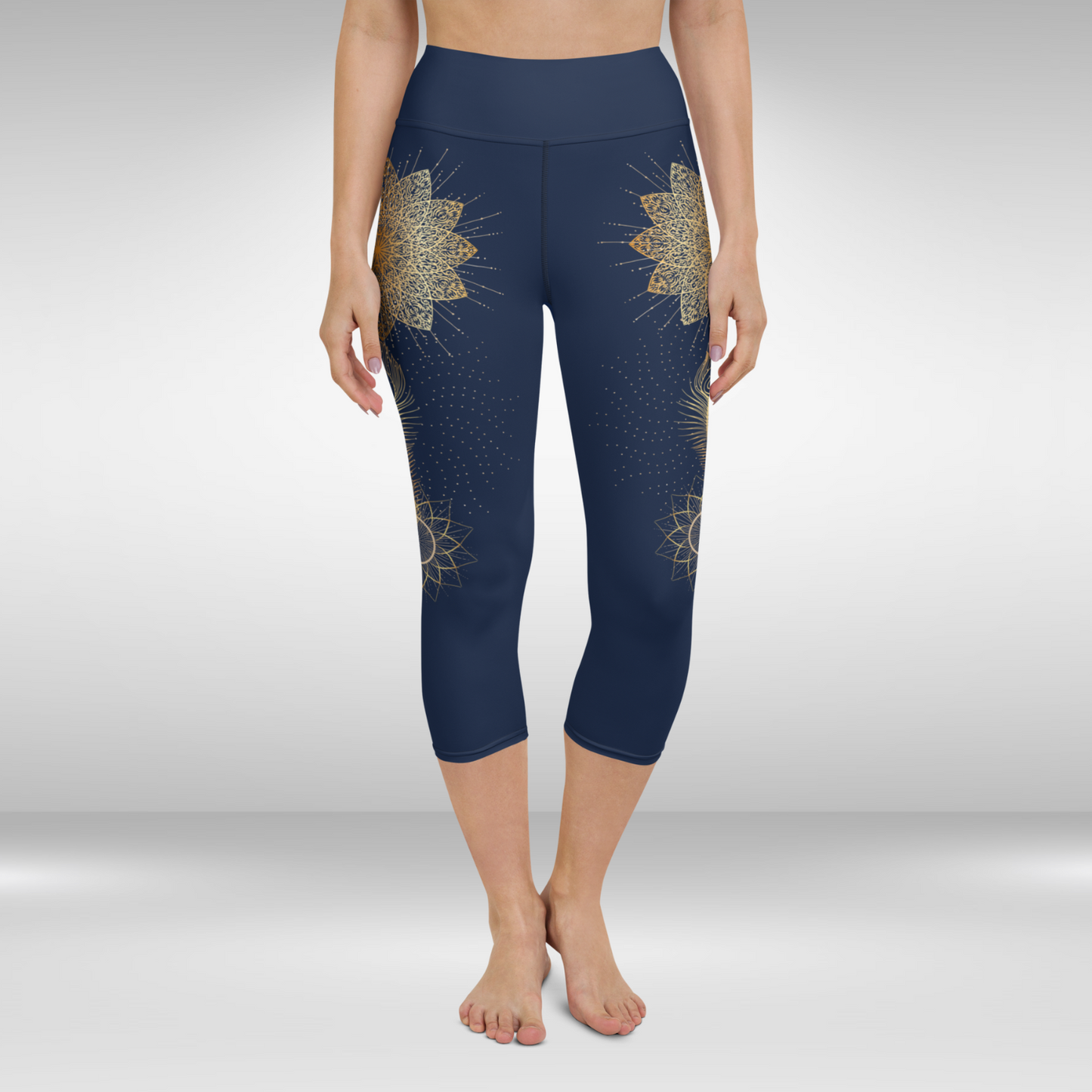 Women Capri Legging - Gold Mandala Peacock Feather Print