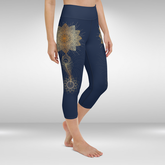 Women Capri Legging - Gold Mandala Peacock Feather Print