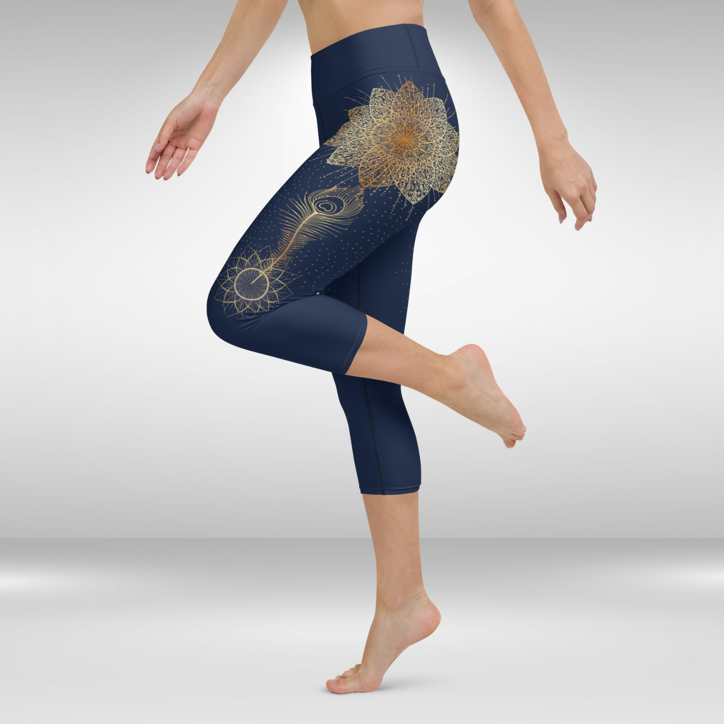 Women Capri Legging - Gold Mandala Peacock Feather Print