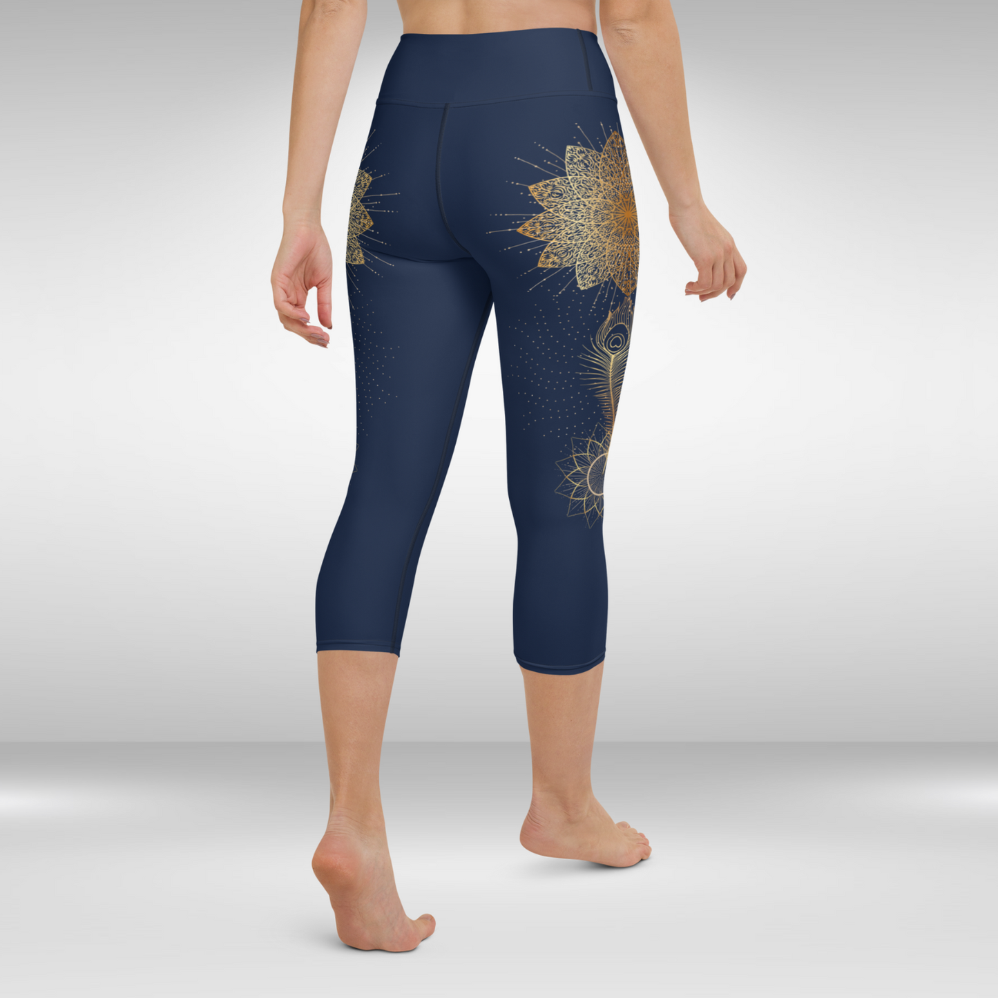 Women Capri Legging - Gold Mandala Peacock Feather Print