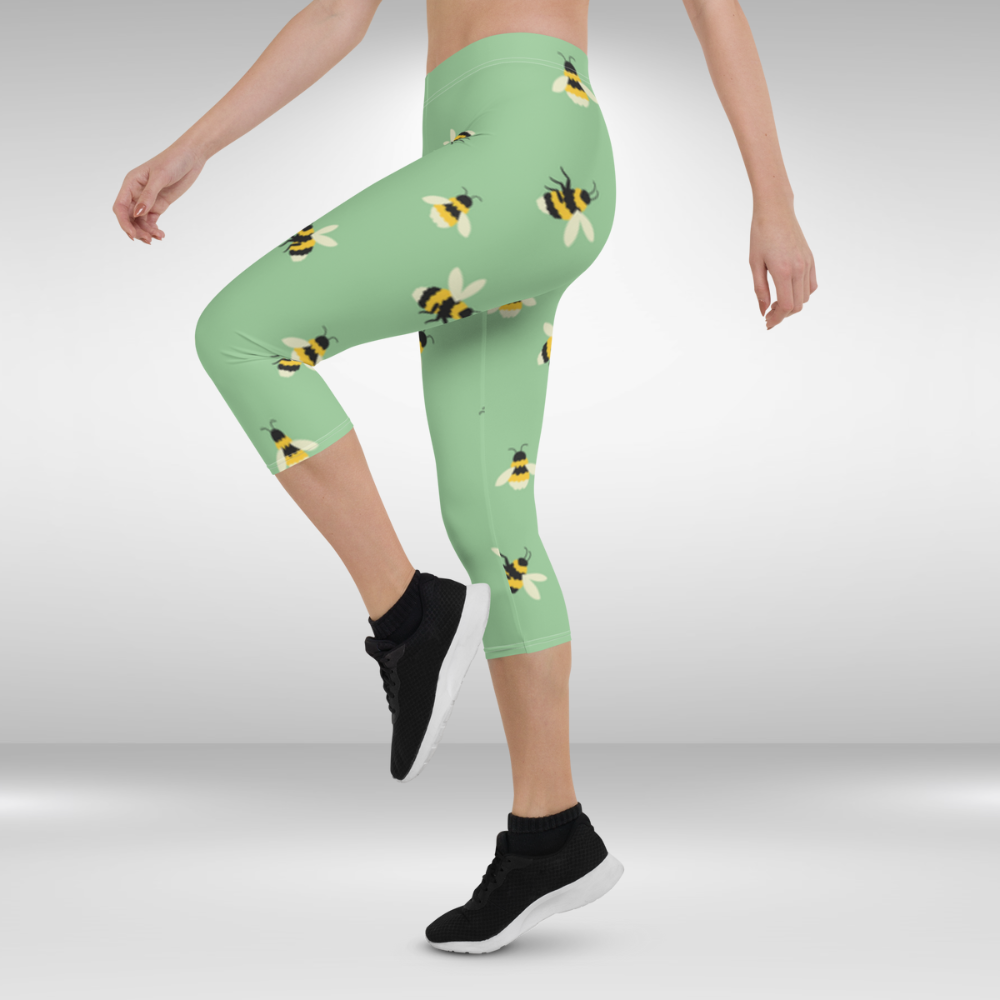 Women Gym Capri Legging - Green Busy Bee Print