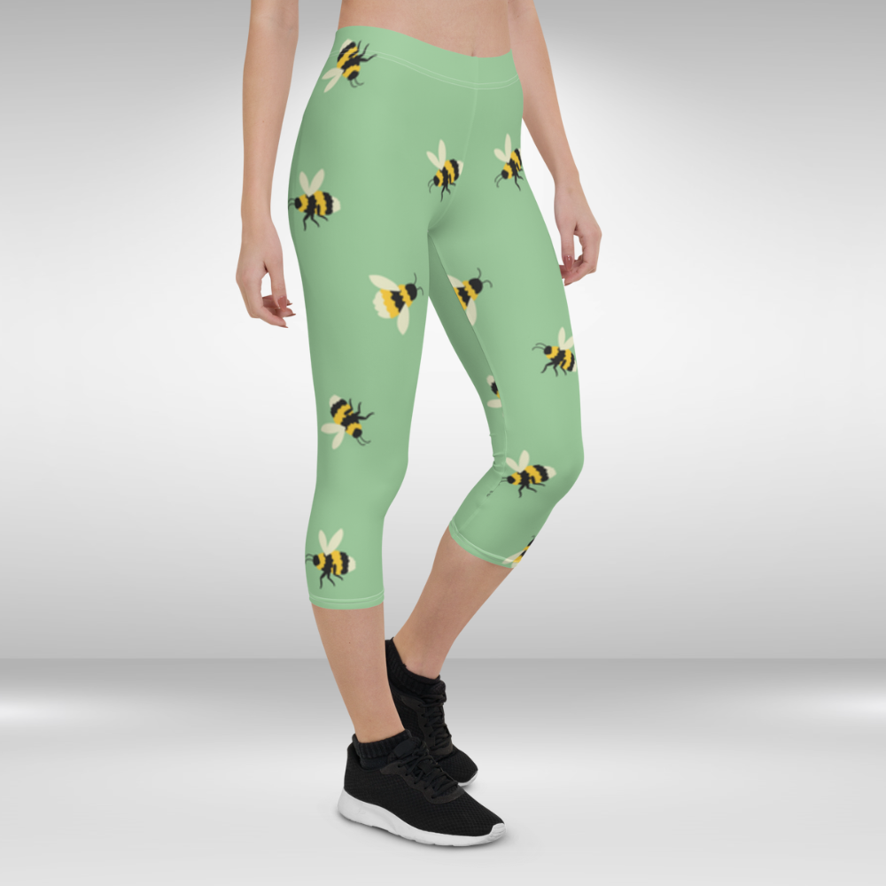 Women Gym Capri Legging - Green Busy Bee Print
