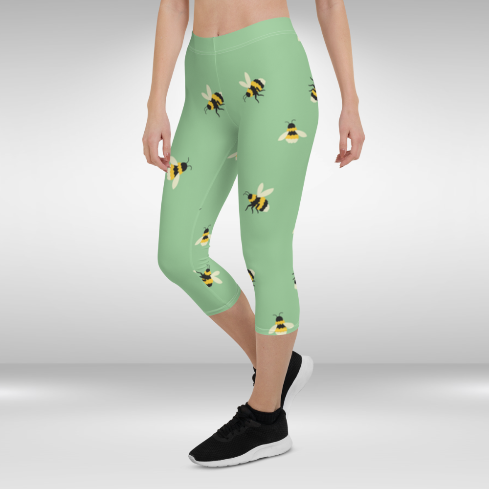 Women Gym Capri Legging - Green Busy Bee Print