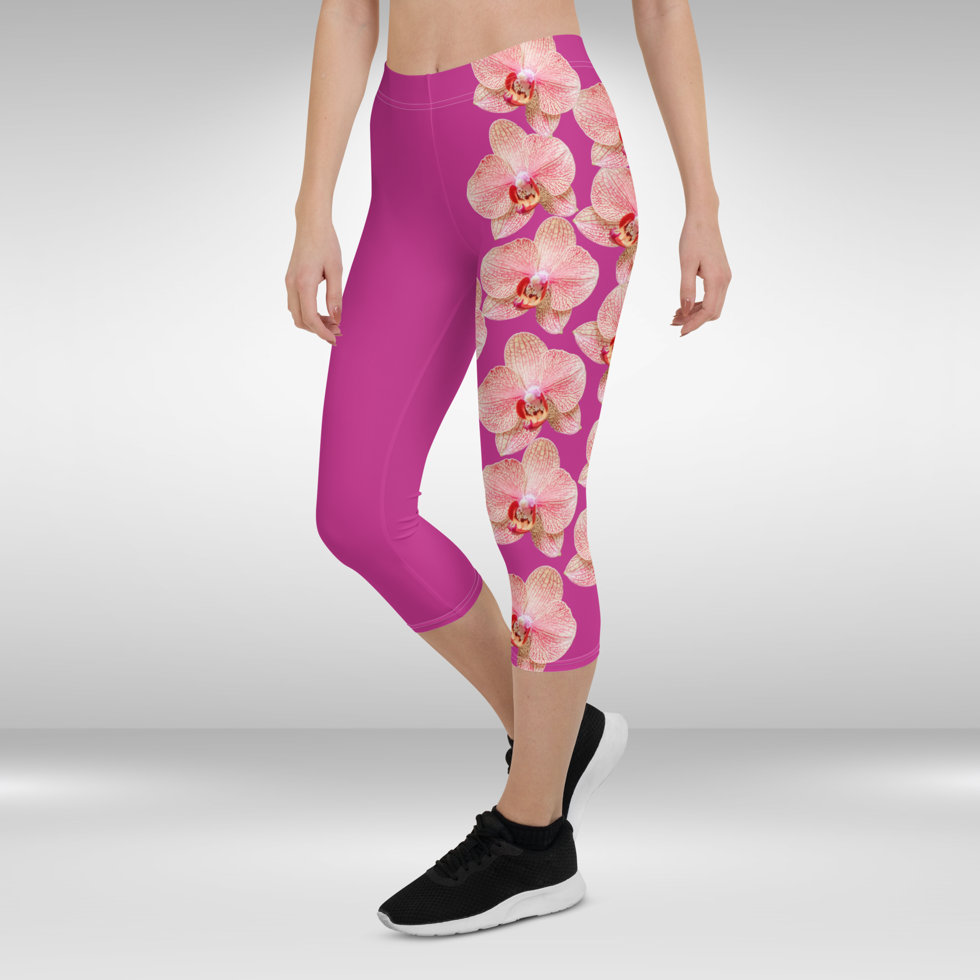 Women Capri Leggings - Red Violet Pink and White Orchid Print